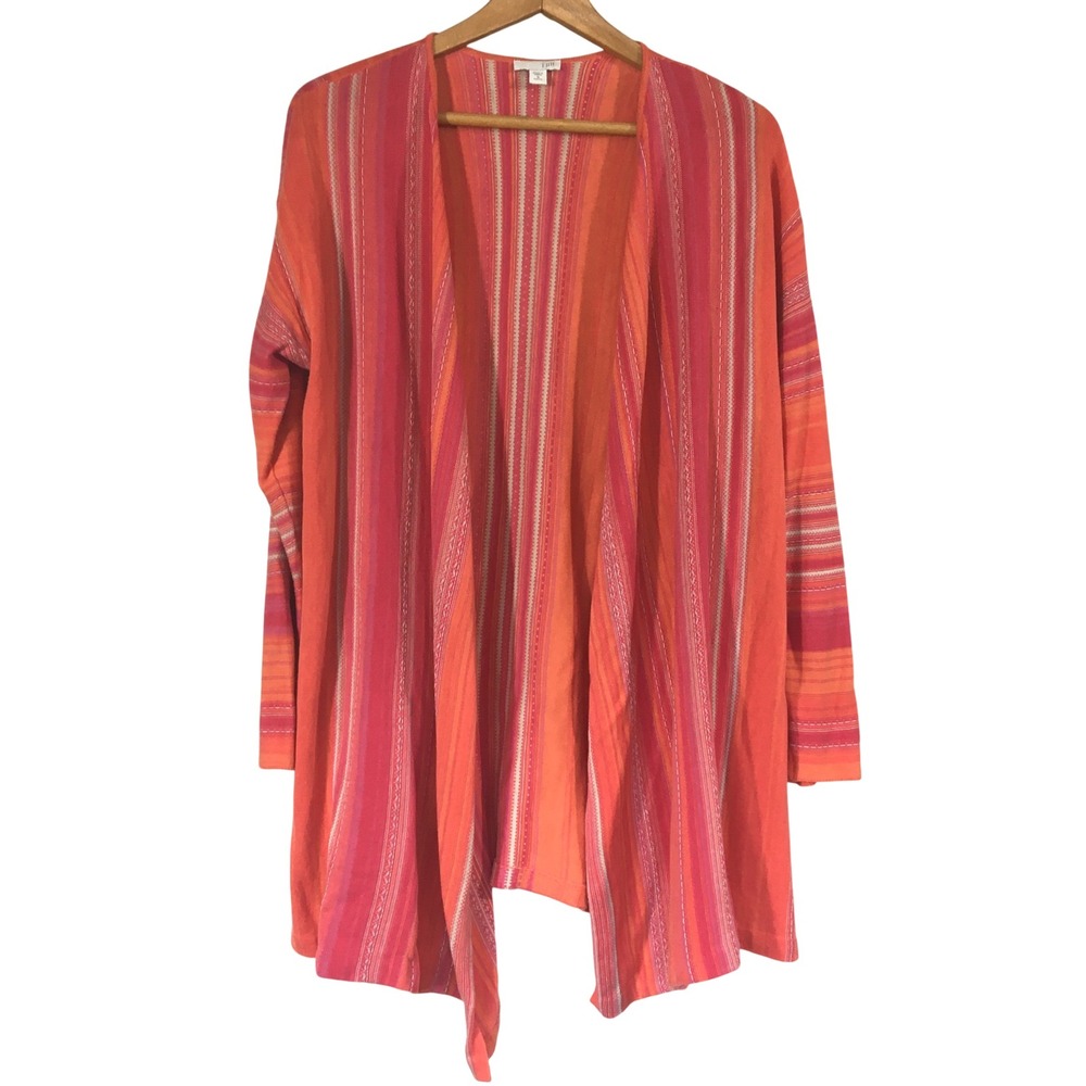 J Jill Orange Pink Striped Knit Open Front Cardigan Sweater Petite M Cotton Blen